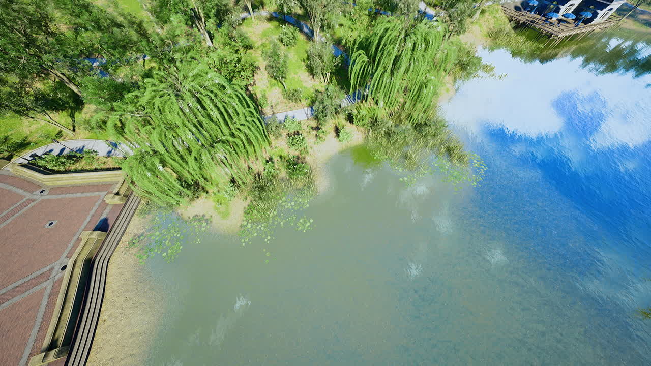 Serene view of a tranquil pond surrounded by lush greenery during daytime