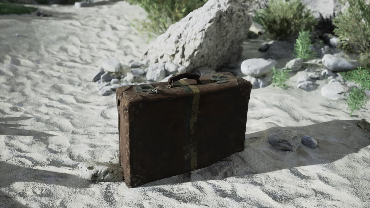 Old neglected suitcase resting on sandy ground near stones and plants