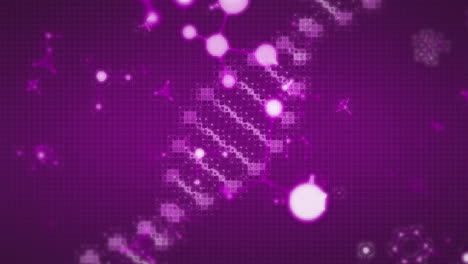 animación de moléculas que se mueven sobre la cadena de adn en un fondo púrpura
