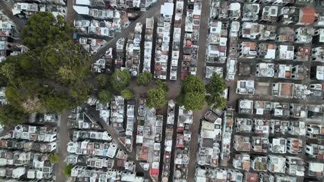 Aerial top down shot revealing La Recoleta Cemetery in Buenos Aires city