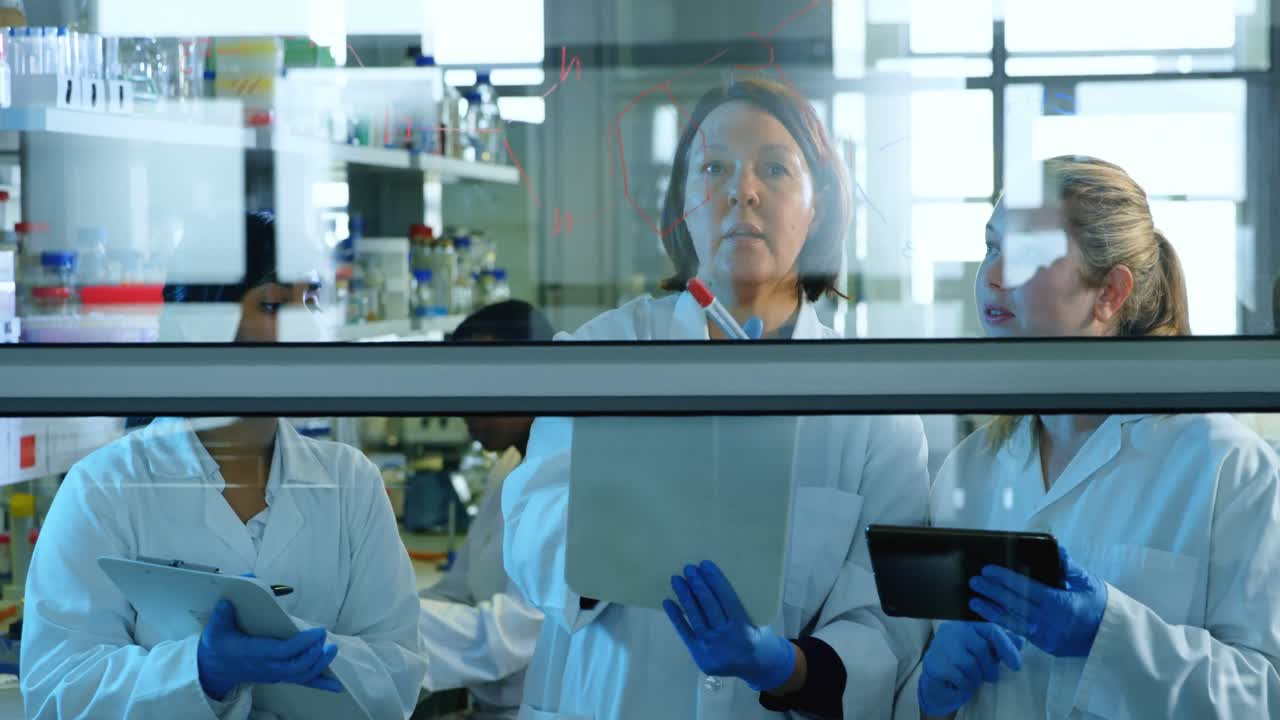 Team of scientists discussing over glass board 4k