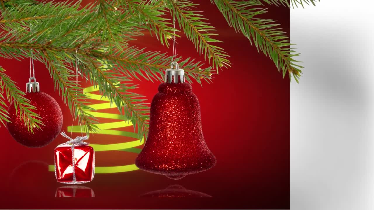 animación de decoraciones navideñas sobre fondo rojo