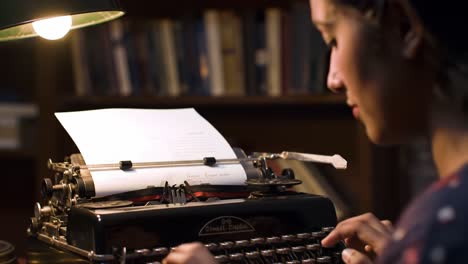 in a warmly lit library, a writer focuses on crafting words on a classic typewriter. the ambiance invites creativity as the night unfolds, creating an inspiring atmosphere for storytelling.