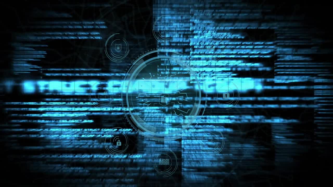 Code fragments glitching hiding cybersecurity shield, fading revealing circular interface with lock