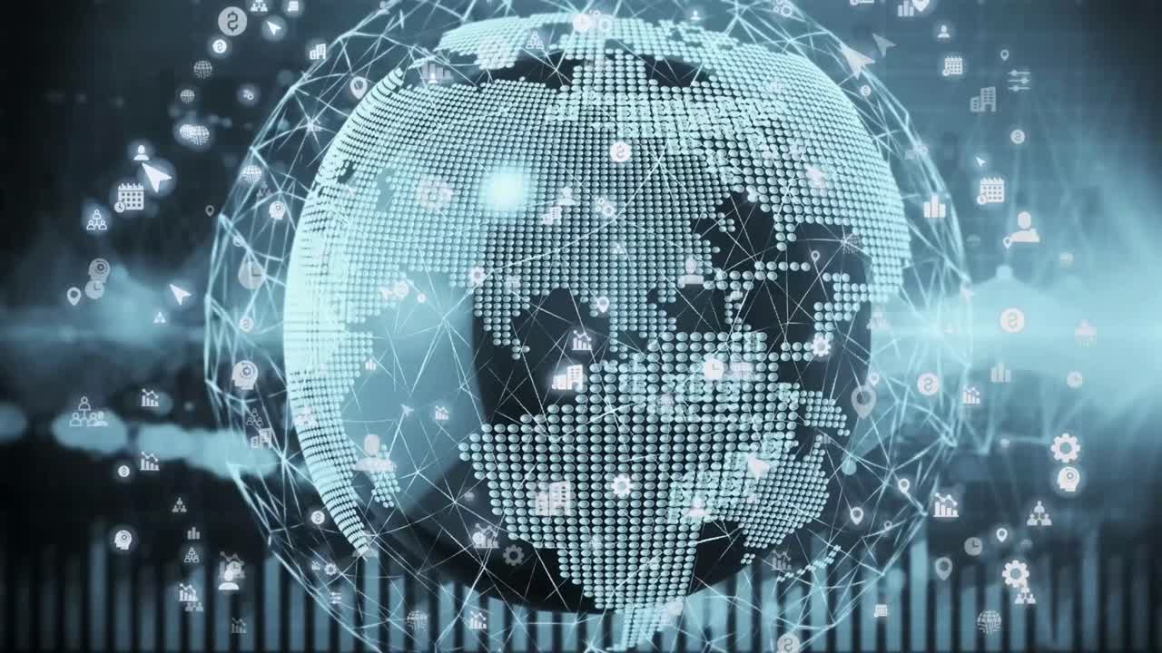 Rotating Digital Earth Globe with Global Network and Data Icons