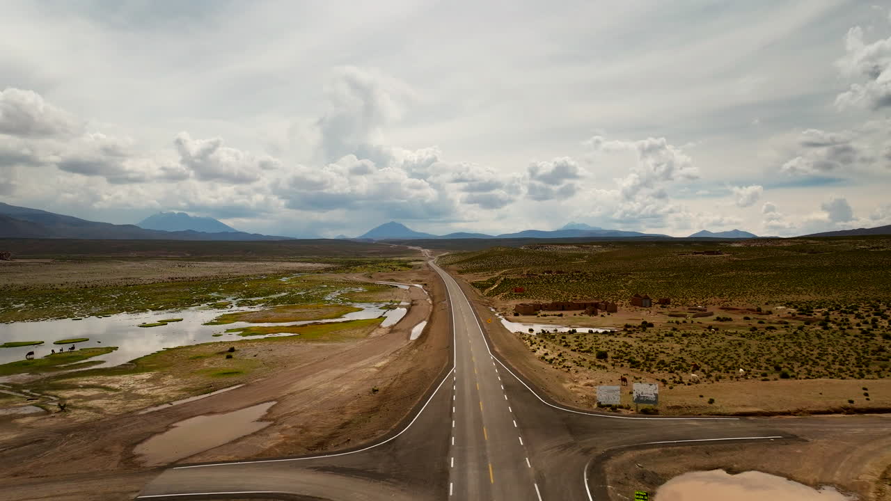 Straight desert road cuts through dry plains, Bolivia to Chile, aerial dolly, nobody