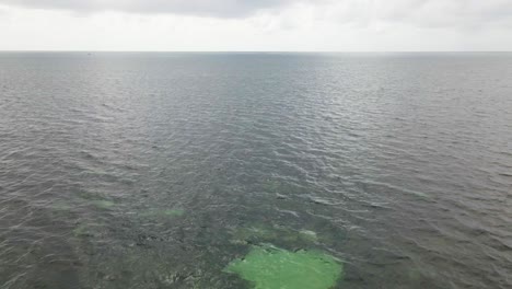 drone flight over the green ocean water on a cloudy day