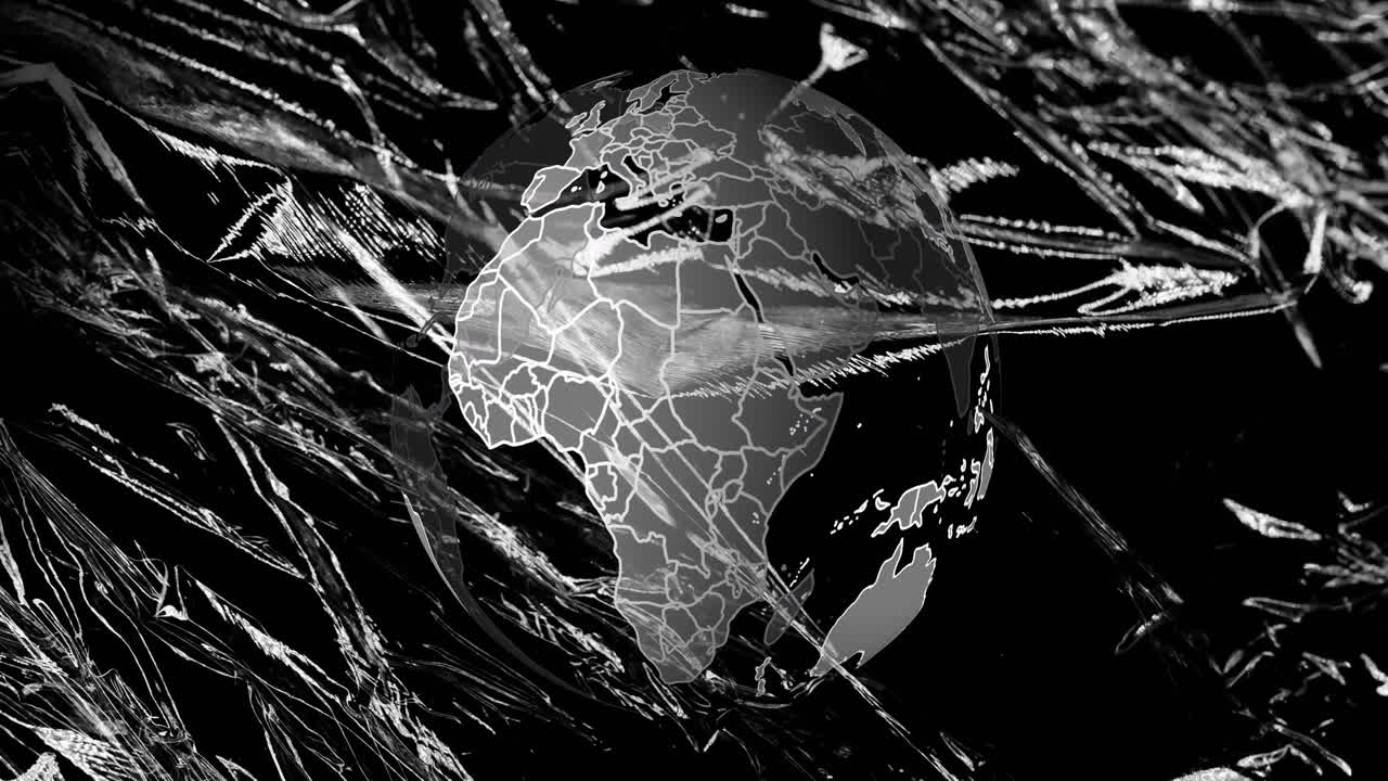 3D Earth globe floating in dark tech scene, with metallic streaks and clear country borders