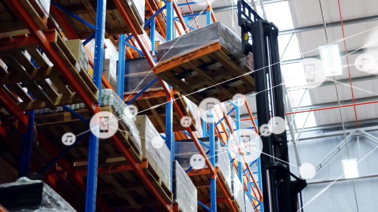 animación de la red de conexiones con iconos sobre el almacén