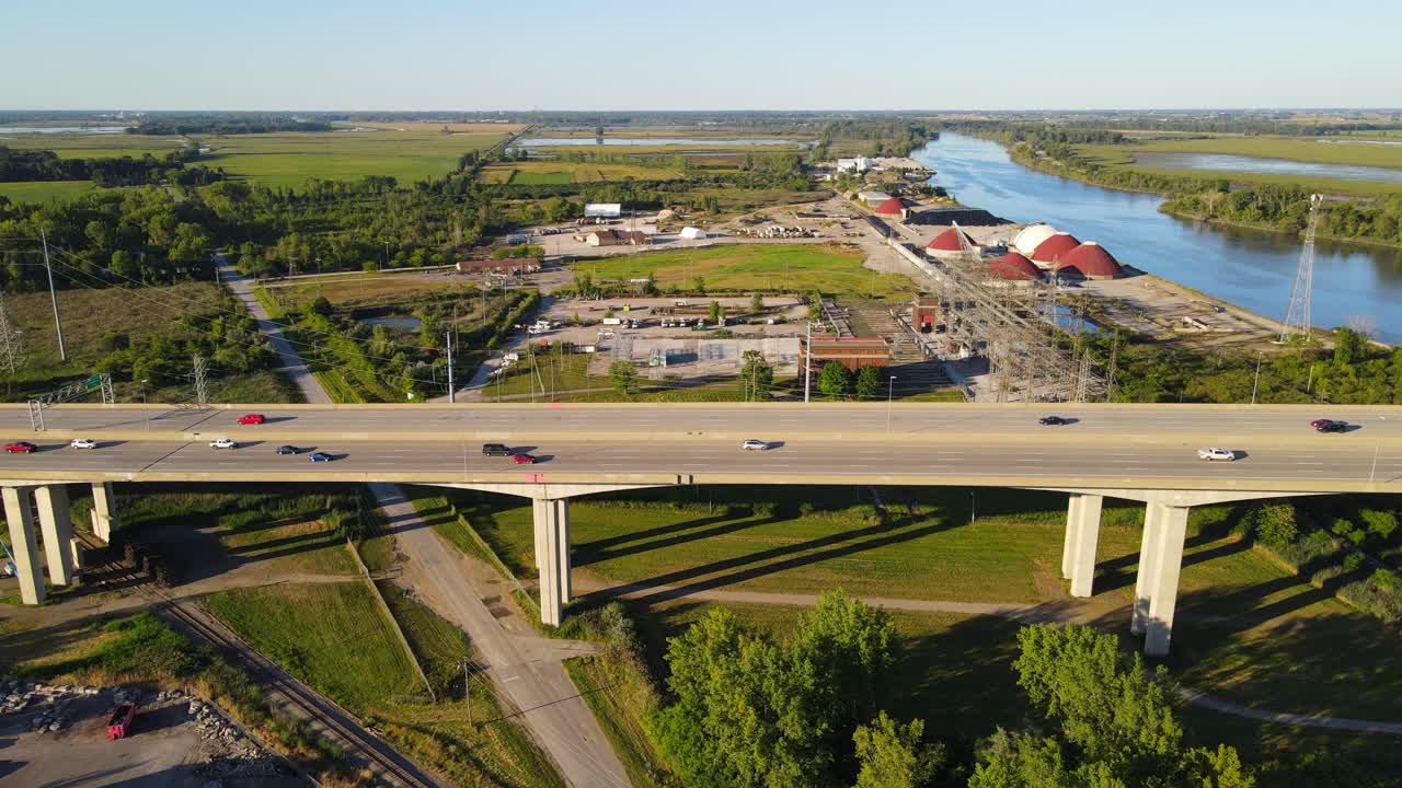 Massive highway bridge of I-75 freeway in Michigan, aerial view