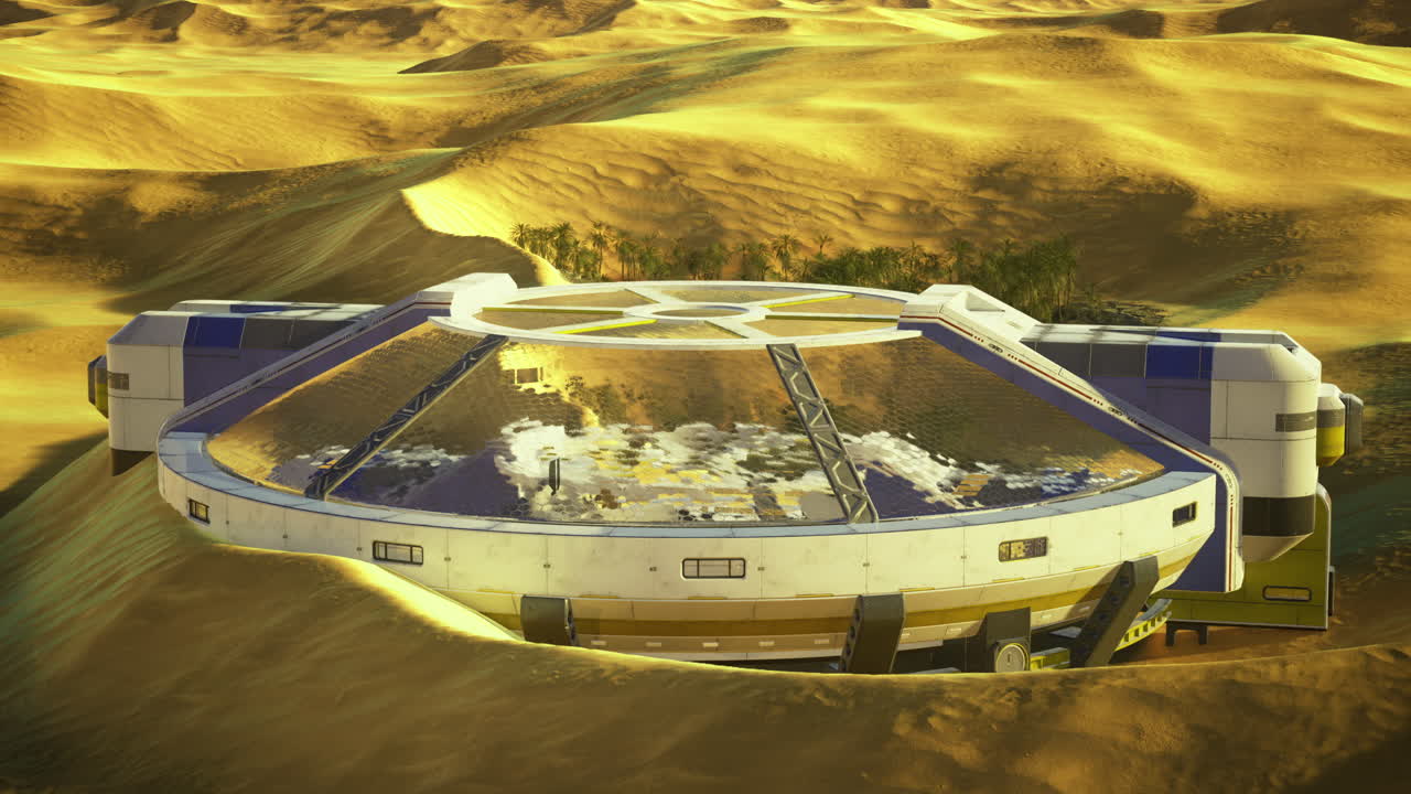 Exploration of a futuristic laboratory in a desert landscape at sunset
