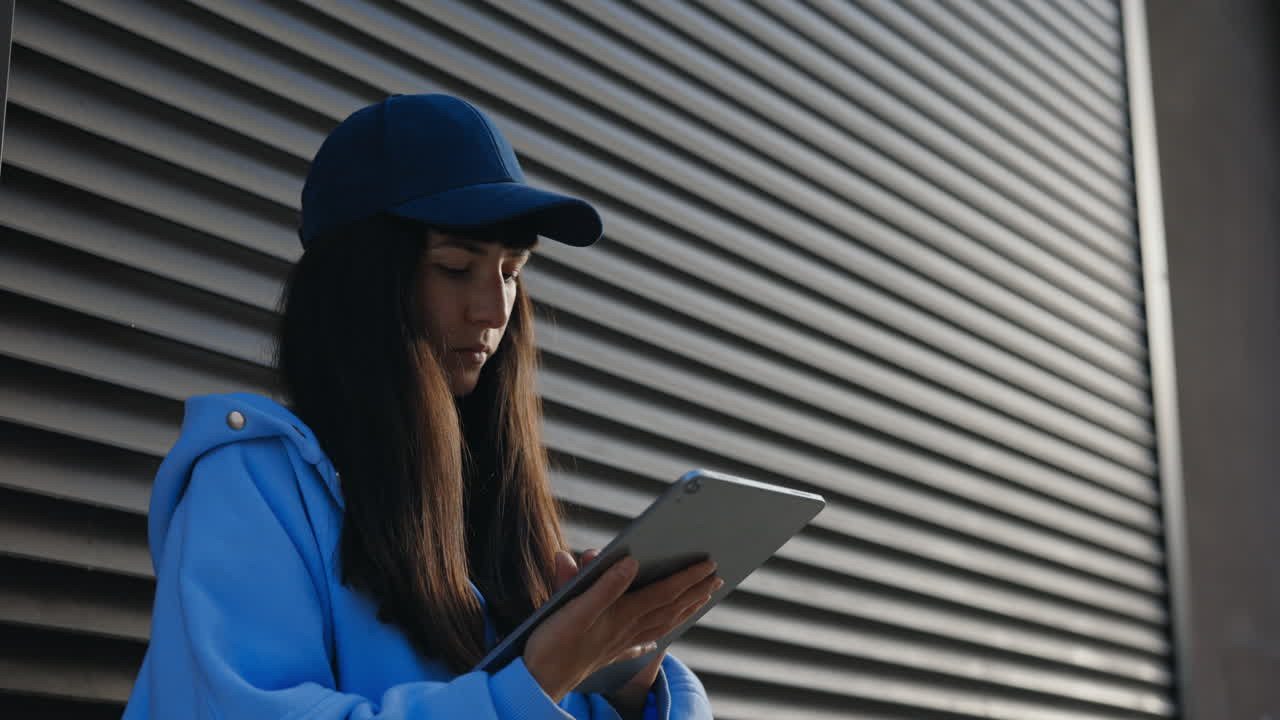 야외에서 태블릿을 사용하는 여성