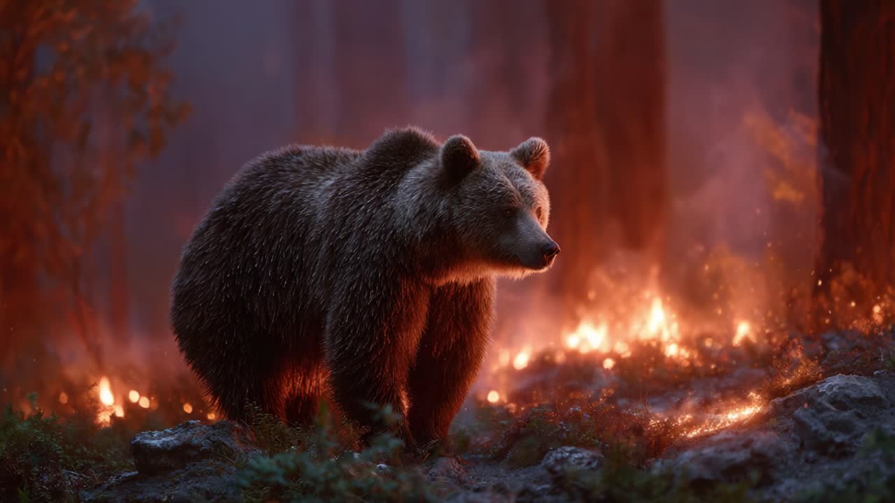 A Grizzly Bear Navigates Through a Fiery Landscape, Embodying Resilience Amidst an Intense Forest Fire Background with Glowing Embers and Smoky Hues