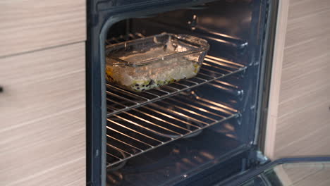 placing vegan, blueberry cake in a modern oven