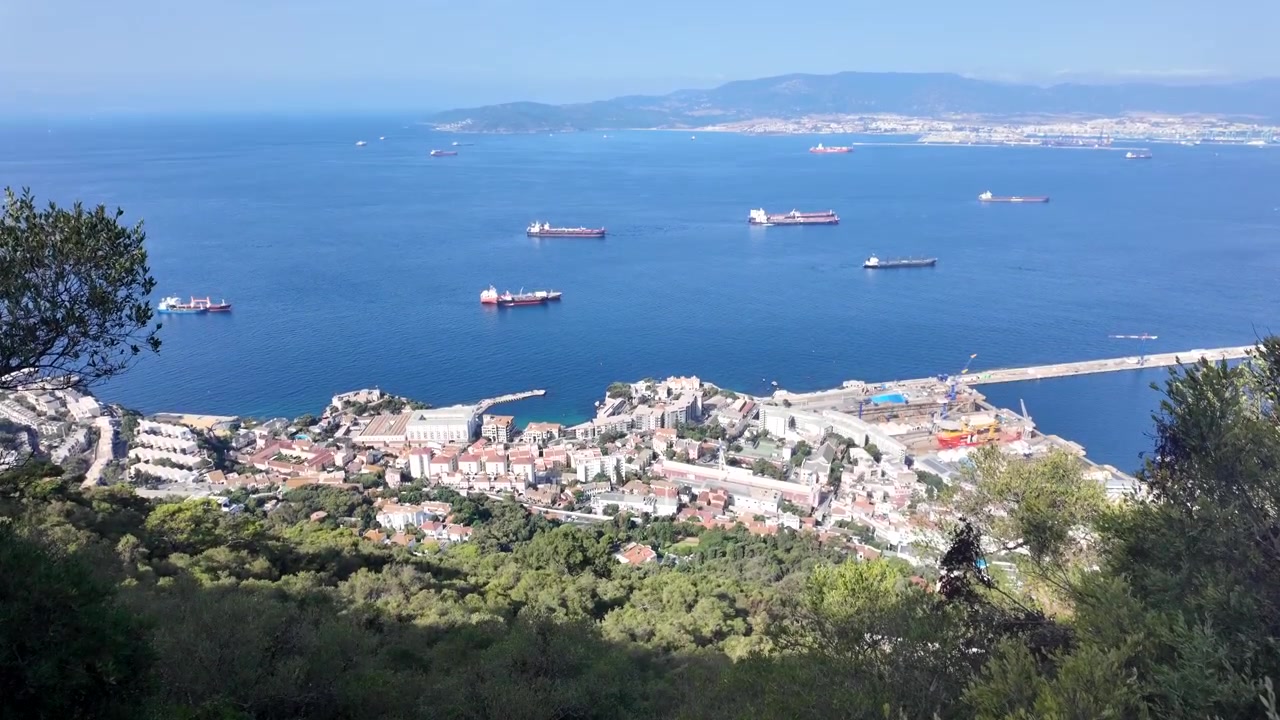 Vista dall'alto della città portuale di Gibilterra e delle navi cargo nella baia