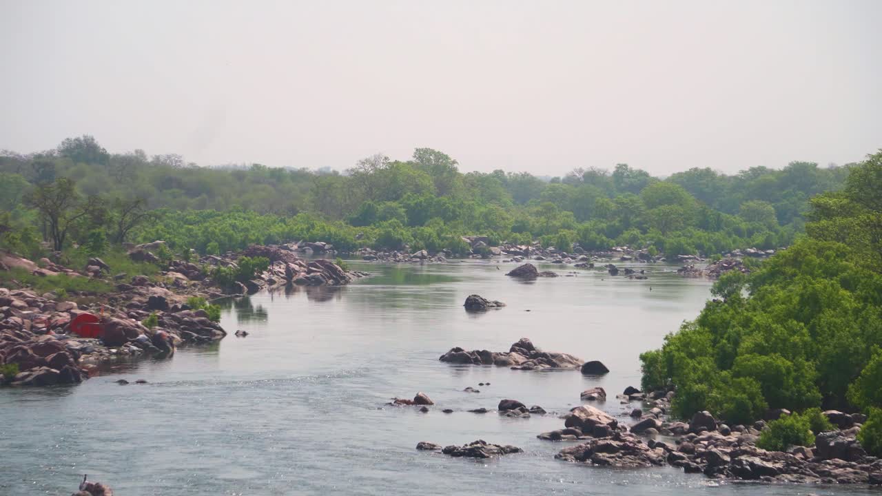 Fiume Betwa che scorre attraverso un terreno roccioso sulle rive della foresta vicino a Orchha nel Madhya Pradesh, India