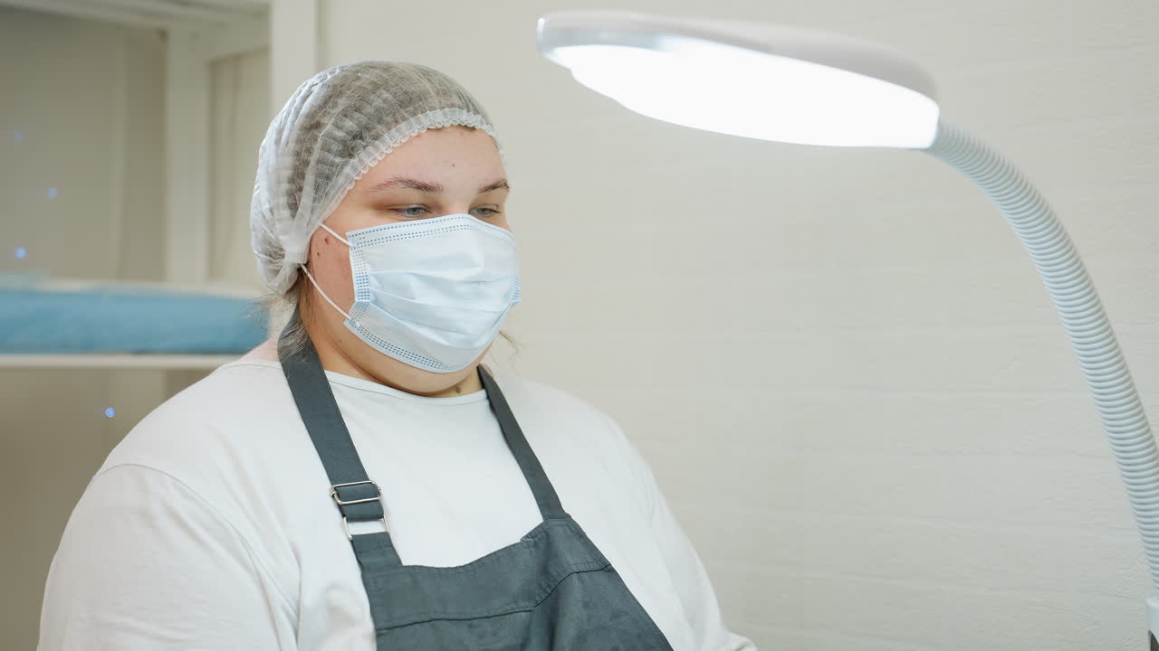 Beautician seated with protective mask and hair cover attentively watches as client walks by, partially visible in foreground. Scene captures professional hygiene and calm salon environment