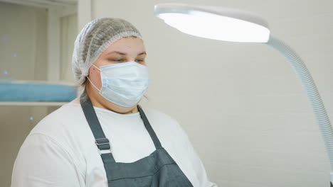 beautician seated with protective mask and hair cover attentively watches as client walks by, partially visible in foreground. scene captures professional hygiene and calm salon environment
