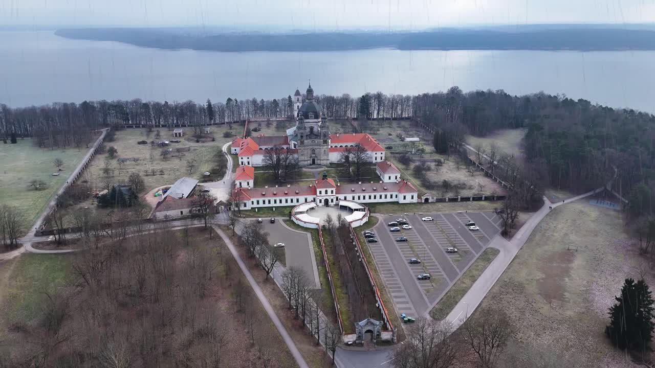 Heavy rainfall over Pthe azaislis monastery, aerial drone view
