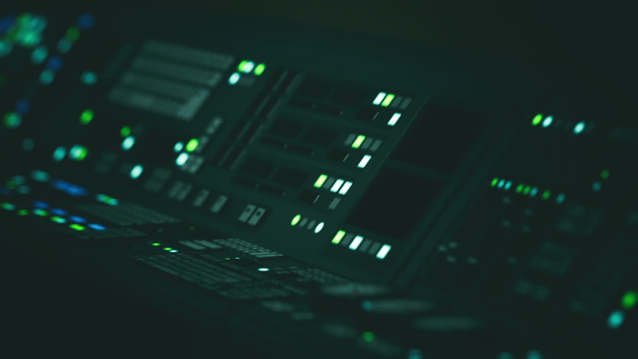 Advanced sci fi laboratory control panel with glowing lights at night