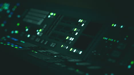 advanced sci fi laboratory control panel with glowing lights at night