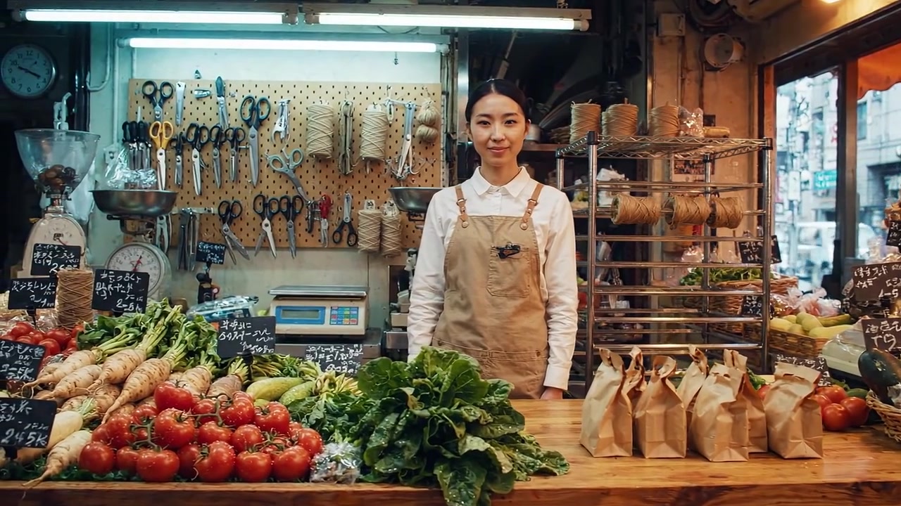 Um Vendedor Amigável em uma Barraca de Mercado Vibrante, Rodeado por Vegetais Frescos e Ervas, Criando uma Atmosfera Acolhedora para Compradores e Entusiastas da Culinária.