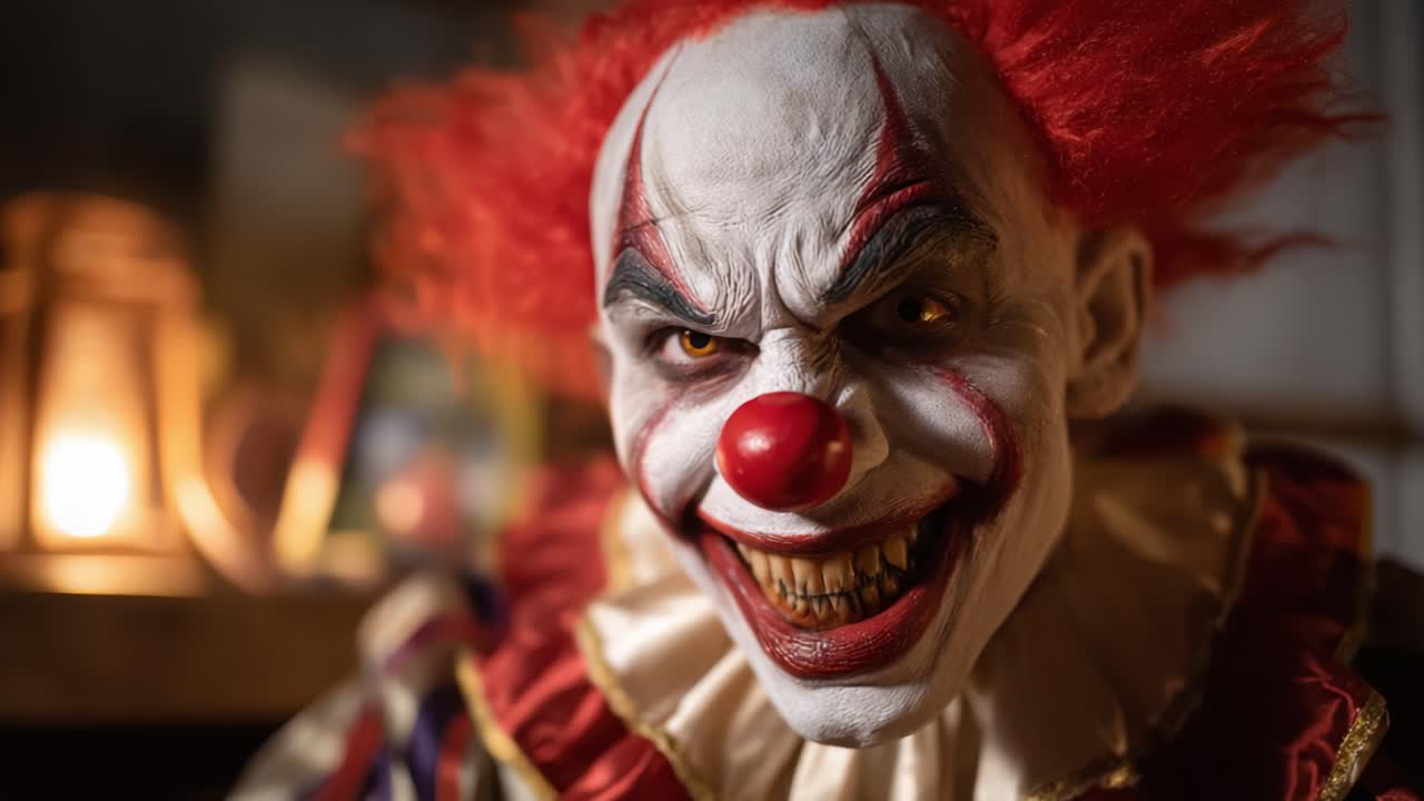 A sinister clown with menacing features and a terrifying grin, captivating the viewer with its eerie presence and unsettling charm in a dimly lit atmosphere