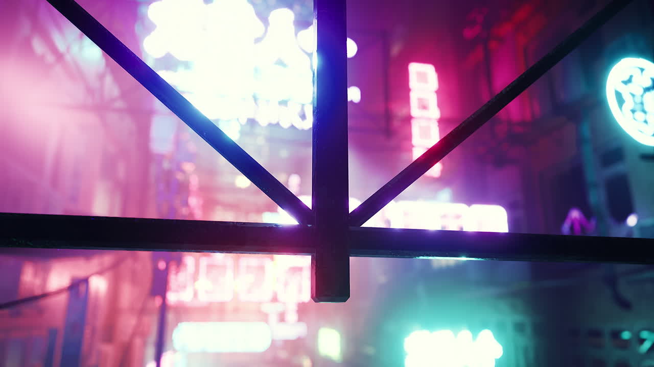 Neon glow illuminates an urban alley during nighttime activities