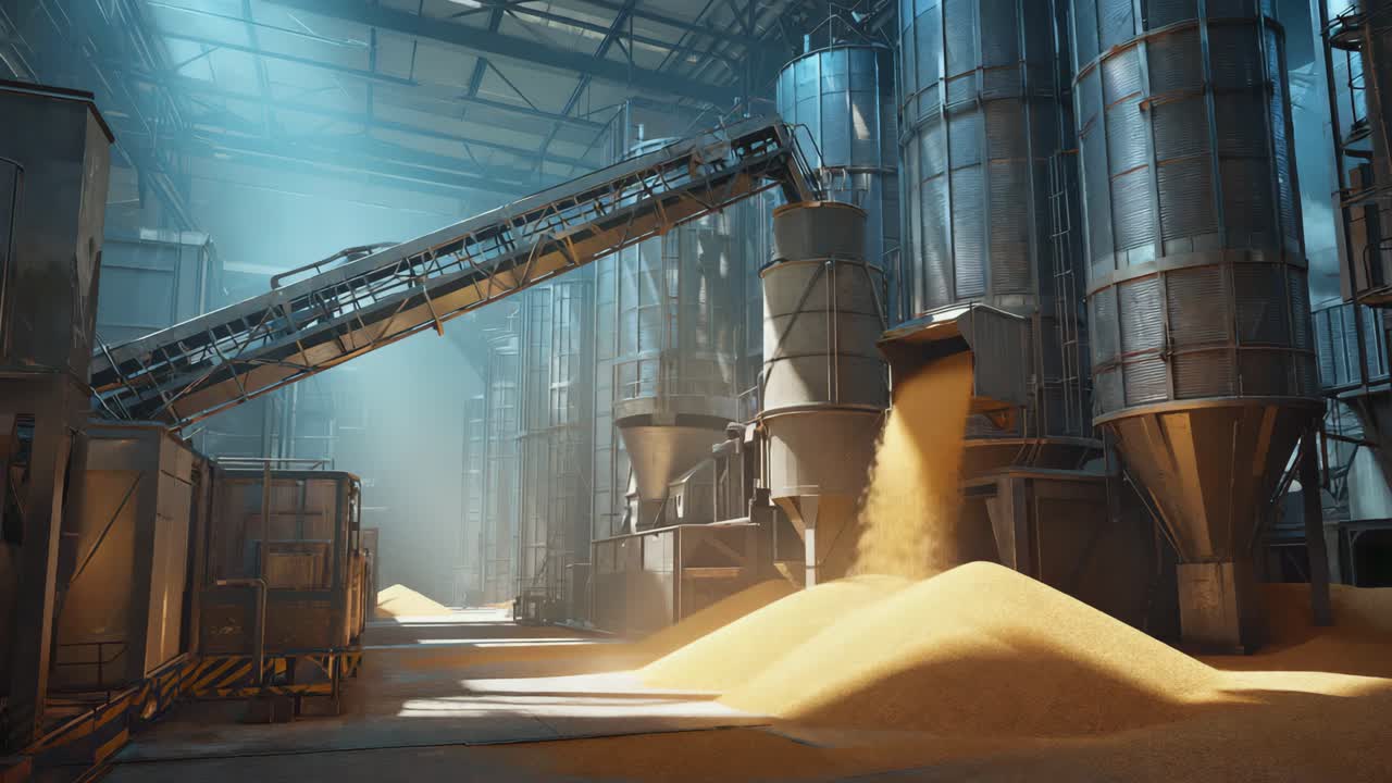 Grain Elevator Interior with Conveyor Belt and Silos