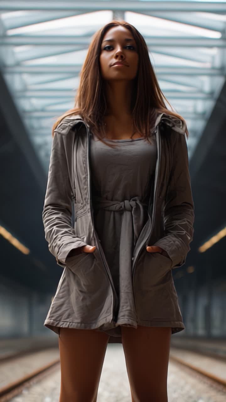 Moda d'impatto in una stazione ferroviaria urbana: una modella sicura posa in un outfit elegante, circondata da binari ed eleganza architettonica