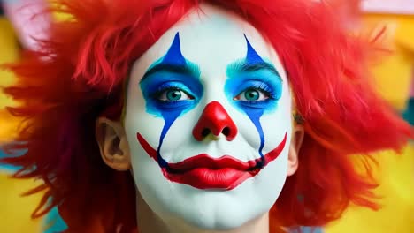 a clown with red hair and blue eyes with red and white face paint