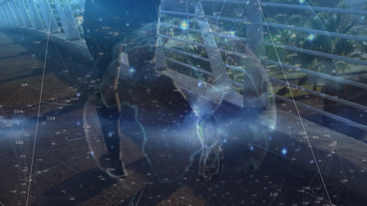 Animation of light trails over a globe against mid section of fit man running on the city bridge