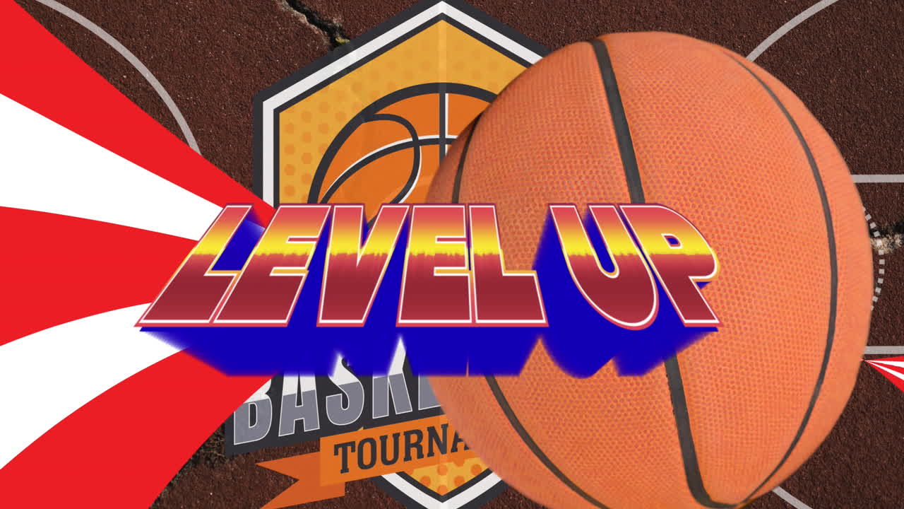 Animation of words level up with red and white stripes and basketball over basketball court