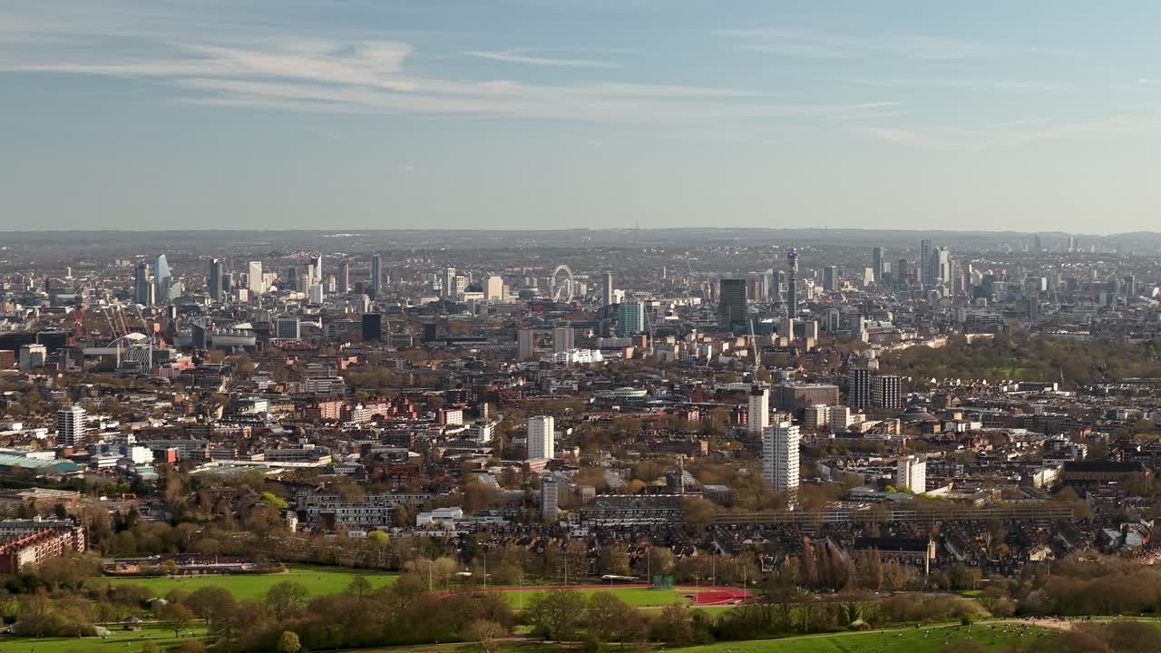 Aerial view across vast London city landscape and residential suburbs from Parliament hill