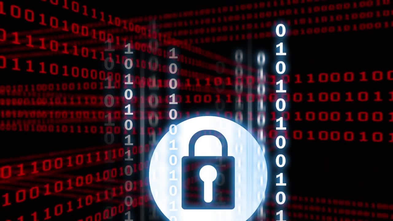 animación de codificación binaria y candado de seguridad en línea sobre fondo oscuro