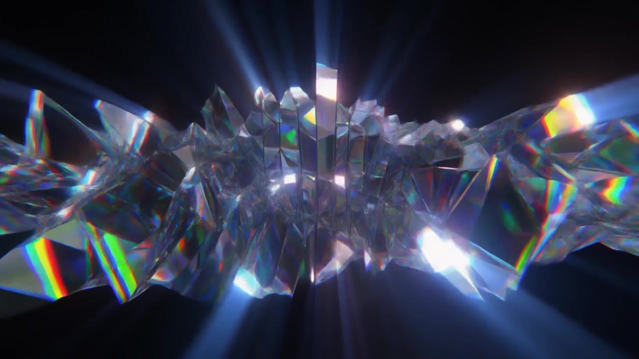 Struttura cristallina astratta rotante con rifrazioni di luce prismatiche