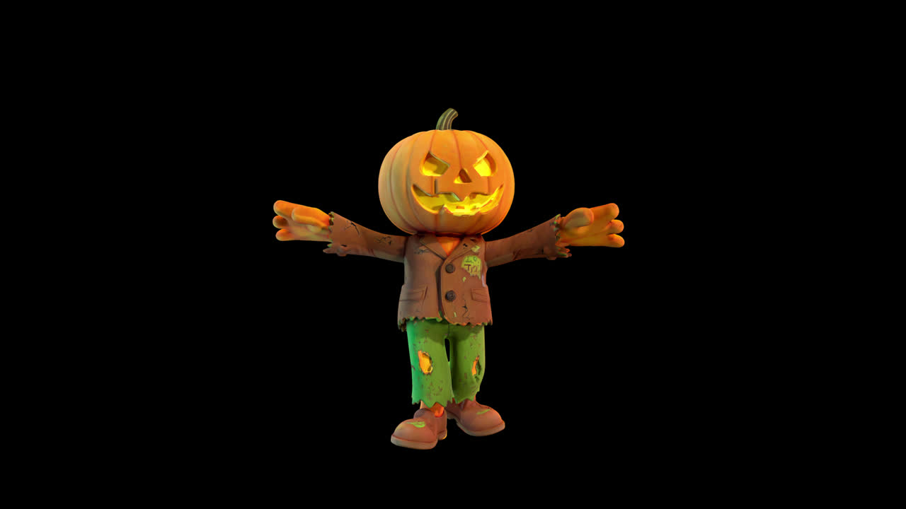 Animated Jack-o'-Lantern Scarecrow Character Dancing on Black Background