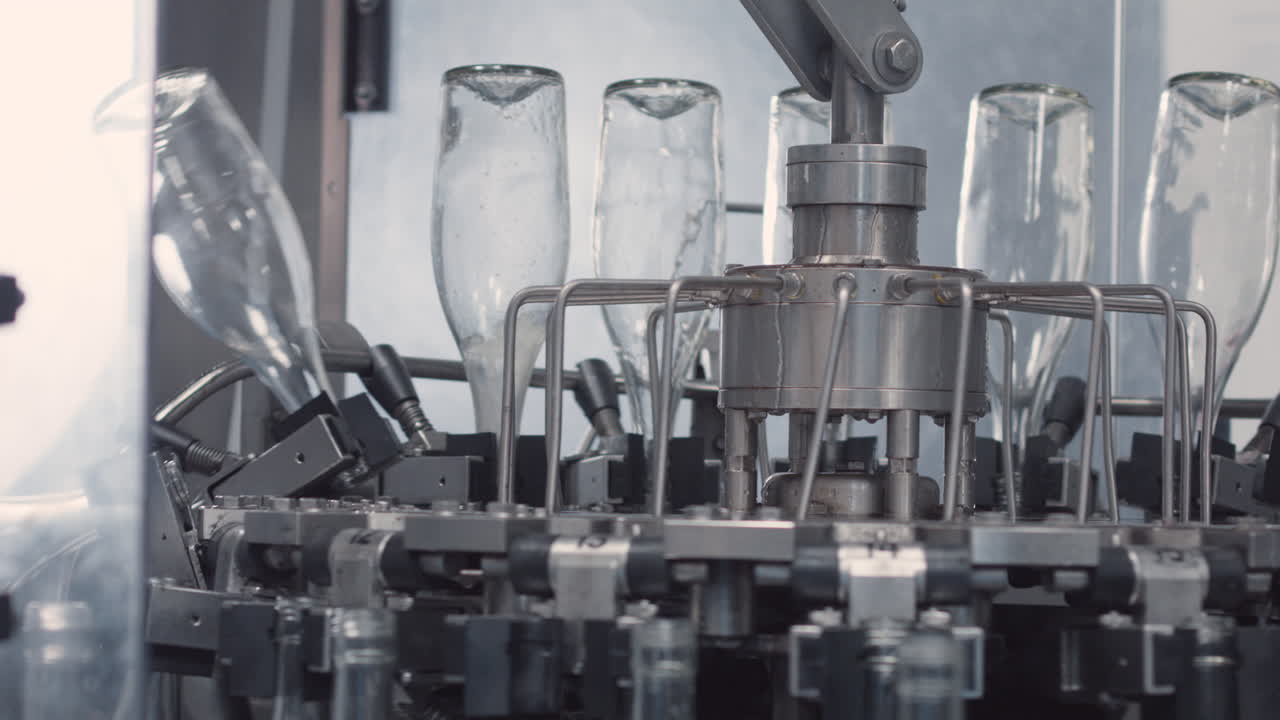 Clip showing the industrial process of washing individual glass bottles with water, preparing them for subsequent filling with wine in a factory.
