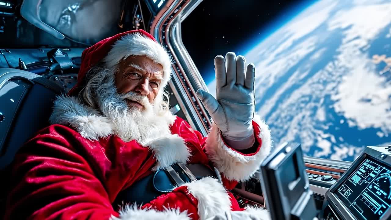 A man dressed as Santa Claus in a space station