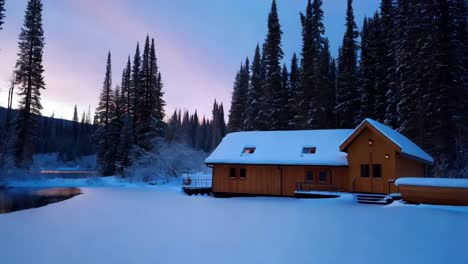 winter cabin by a frozen river at sunrise/sunset