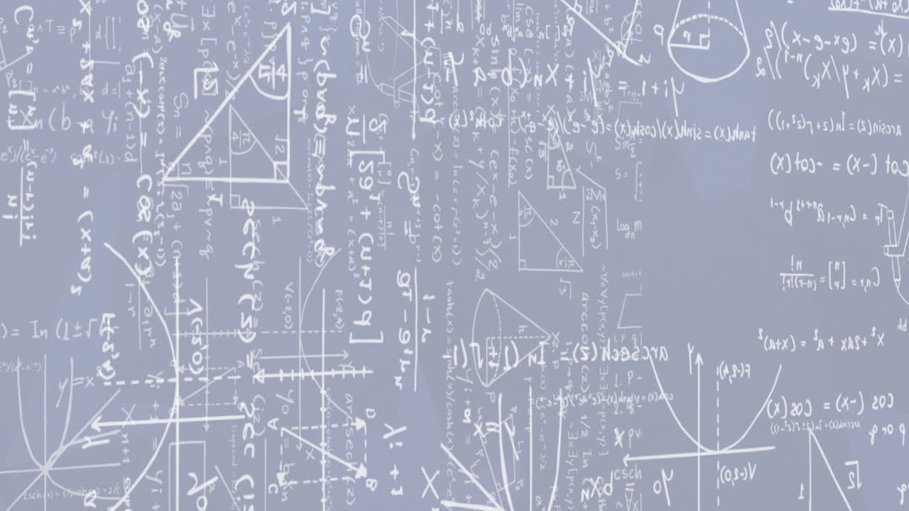 animación de ecuaciones matemáticas y diagramas sobre un fondo azul.