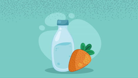 animación de zanahorias frescas y botellas de agua