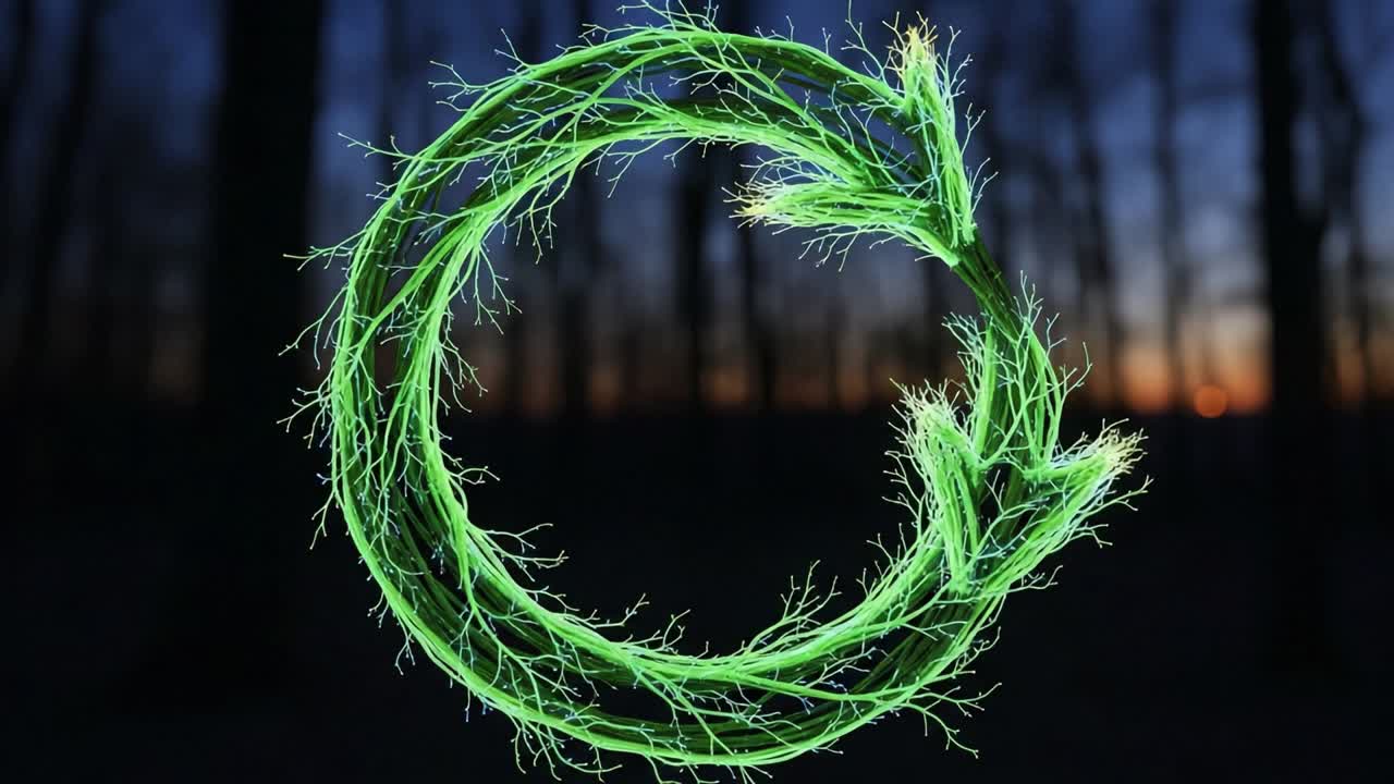 A Mesmerizing Green Circular Recycle Symbol Illuminated Against a Twilight Forest Backdrop, Representing Nature's Resilience and Sustainability