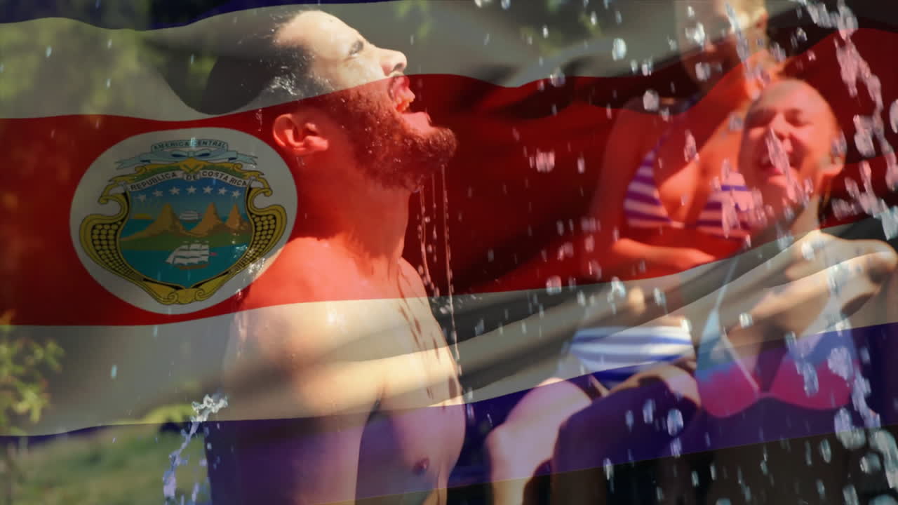 Splashing water, people with Costa Rica flag animation overlay in school environment