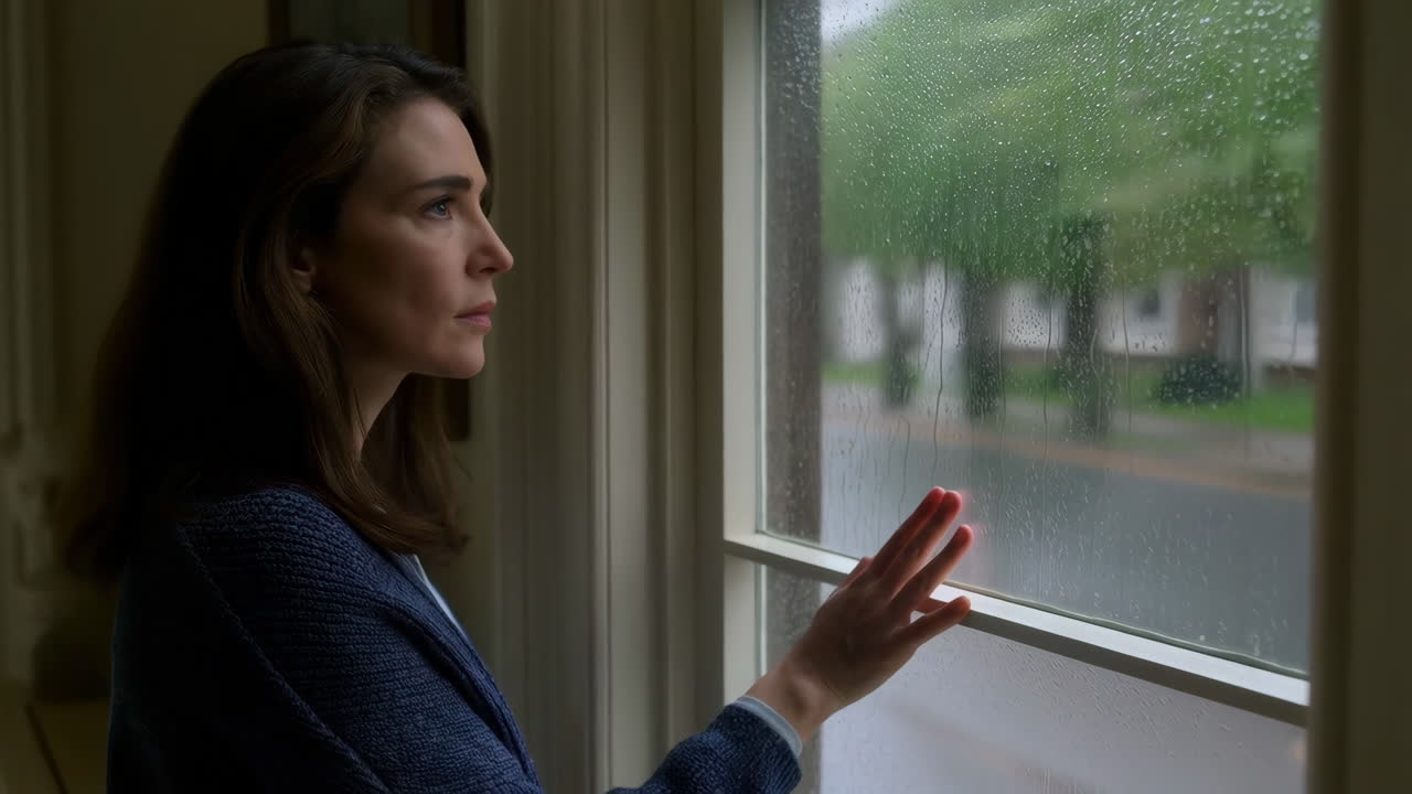 Woman looking out a rainy window