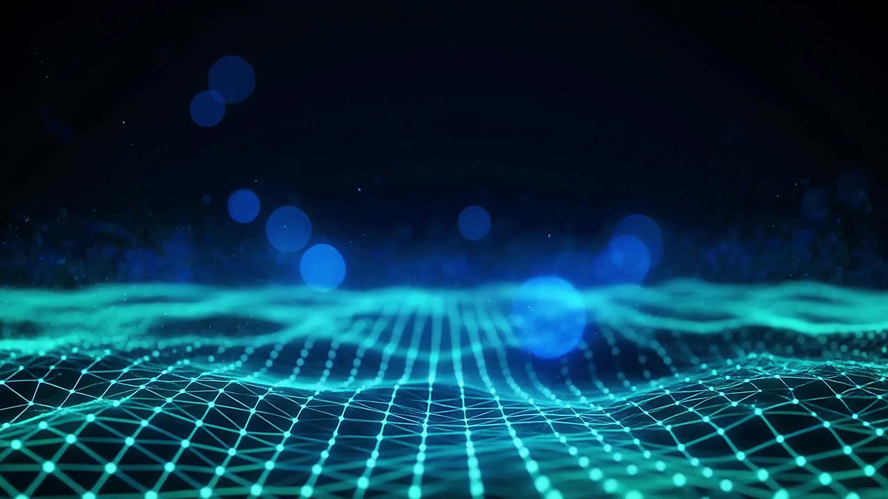 Abstract Digital Network Grid Flowing with Blue and Green Particles