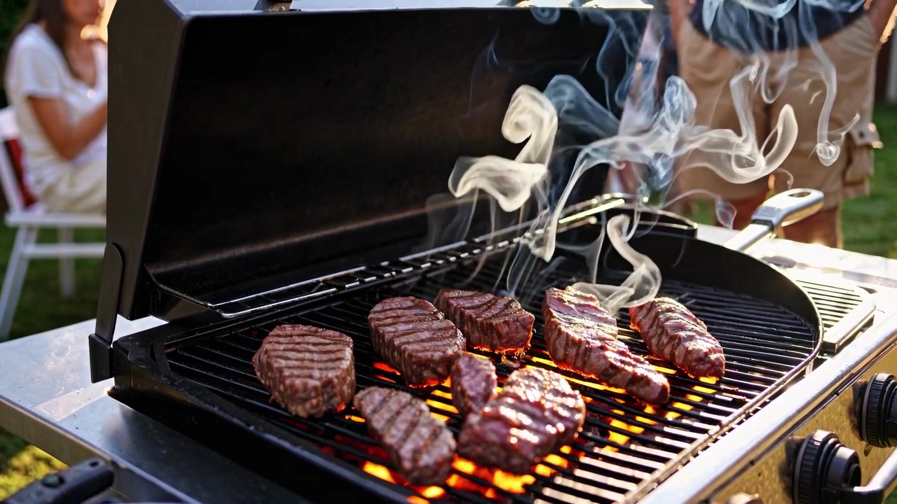 Deliziose bistecche che grigliano su un barbecue con fumo che sale in un giardino.