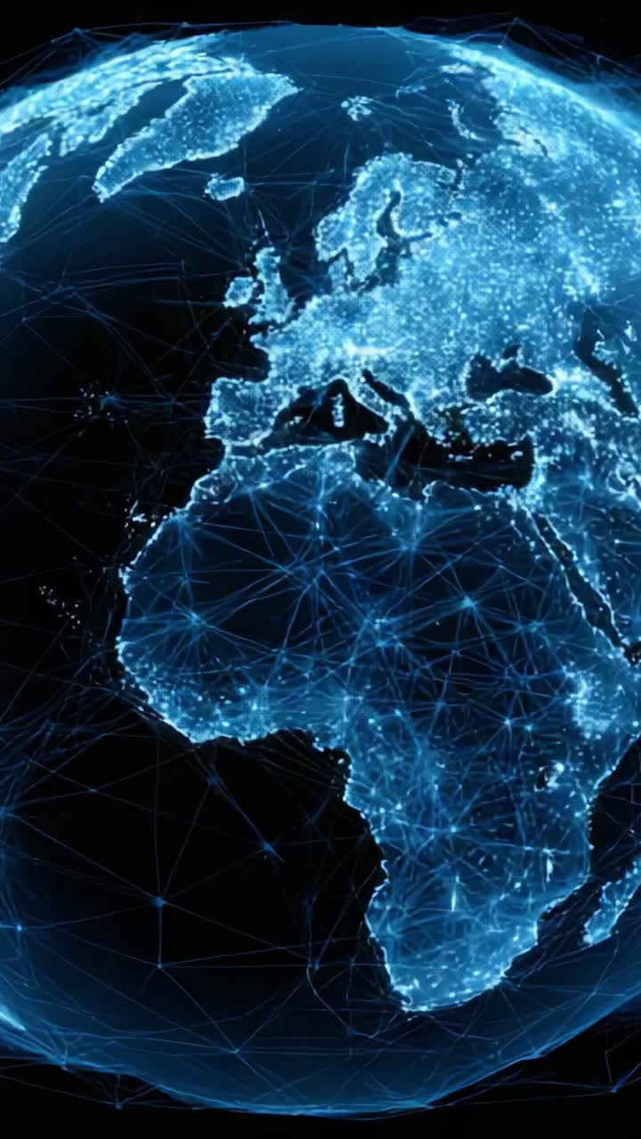 Un affascinante viaggio visivo attraverso il globo digitale che mostra connessioni vivaci e aree terrestri illuminate in uno stile futuristico