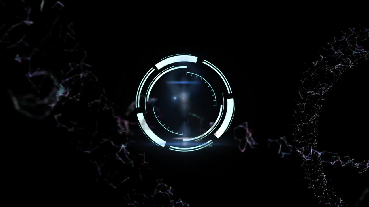 Animation of white circles spinning and clock moving fast on black background