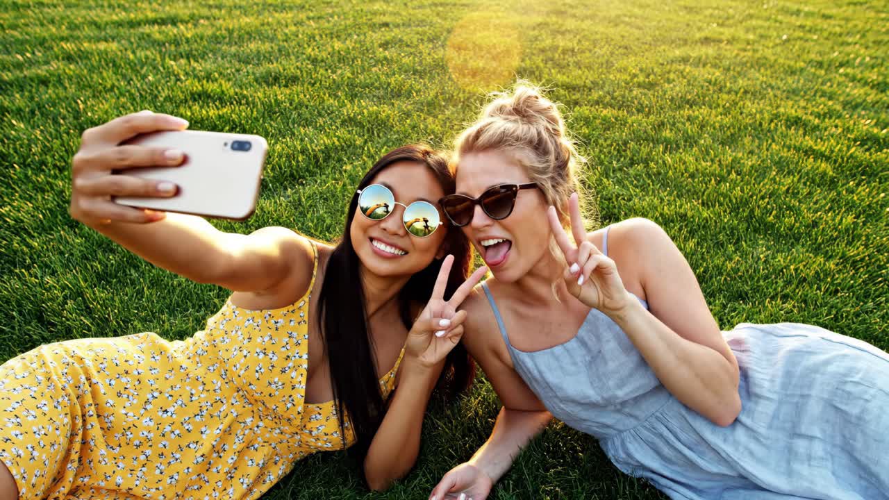 Due amici che si fanno un selfie sull'erba